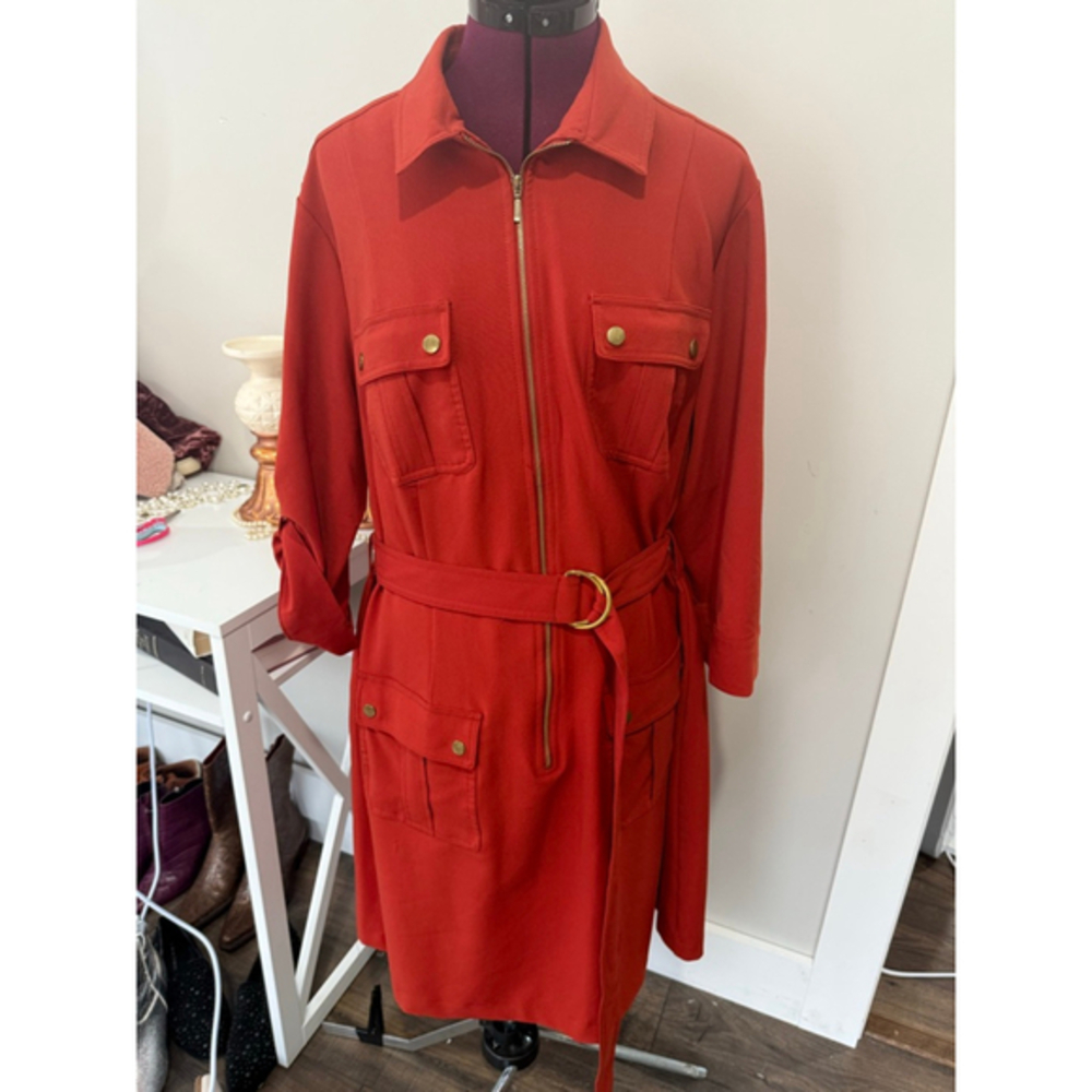 Sharagano Belted Zip Front Dress Plus